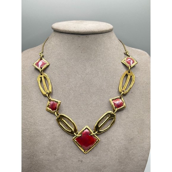 Vintage 70s Brutalist Necklace Handcrafted Brass & Enamel Statement Jewelry - Picture 2 of 6